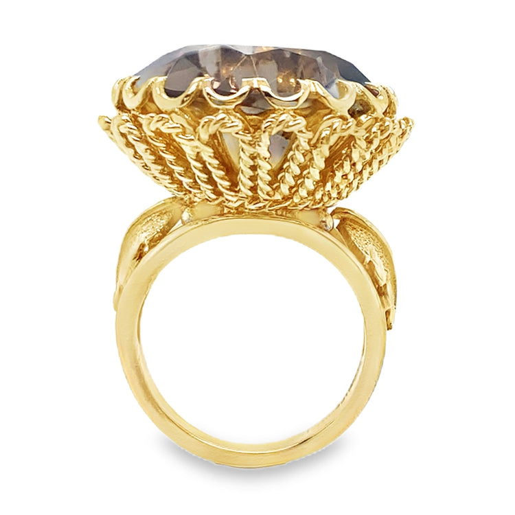 Smokey Topaz Statement Ring with Leaf Accents