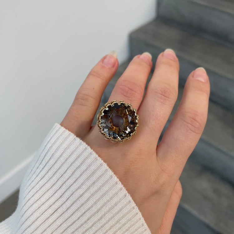 Smokey Topaz Statement Ring with Leaf Accents