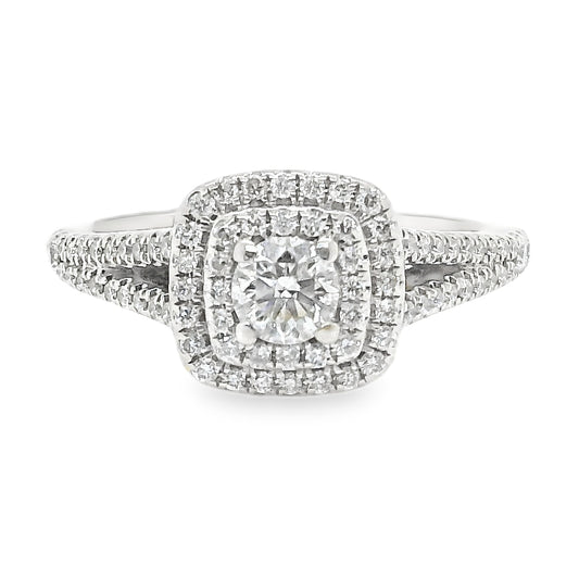Split Shank Double Halo Diamond Ring with Ruby Accent