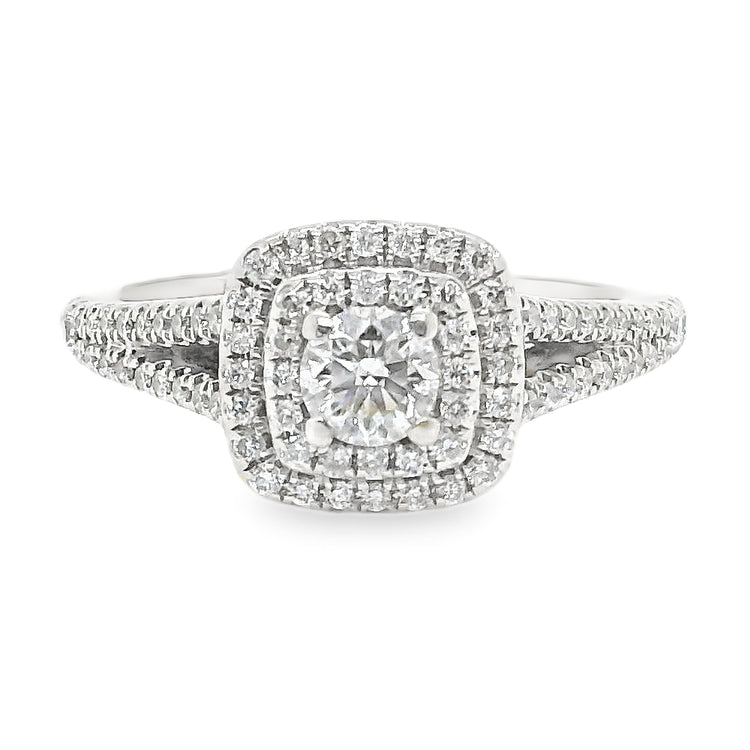 Split Shank Double Halo Diamond Ring with Ruby Accent