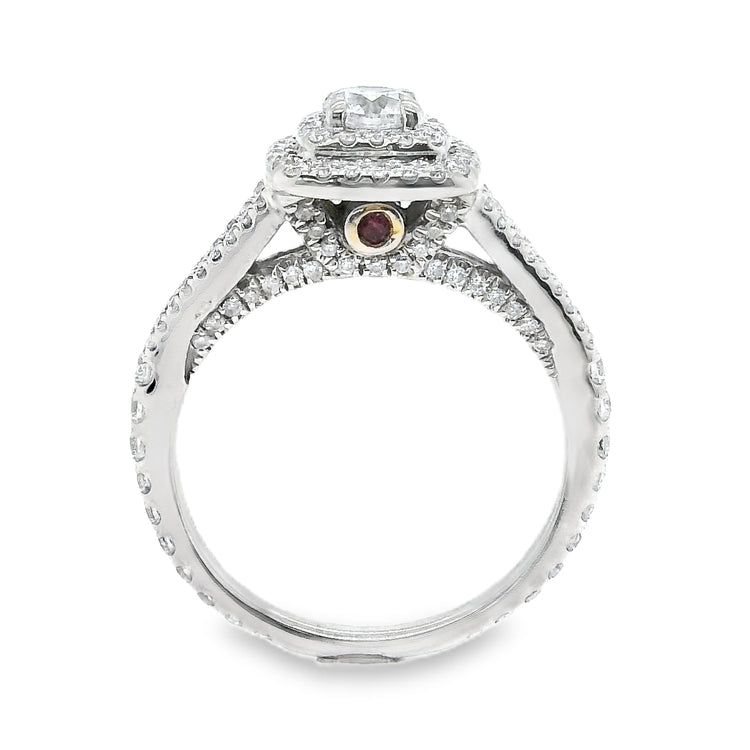 Split Shank Double Halo Diamond Ring with Ruby Accent