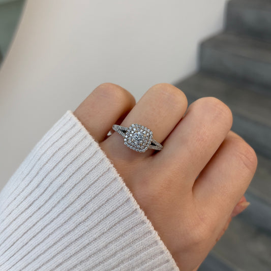 Split Shank Double Halo Diamond Ring with Ruby Accent