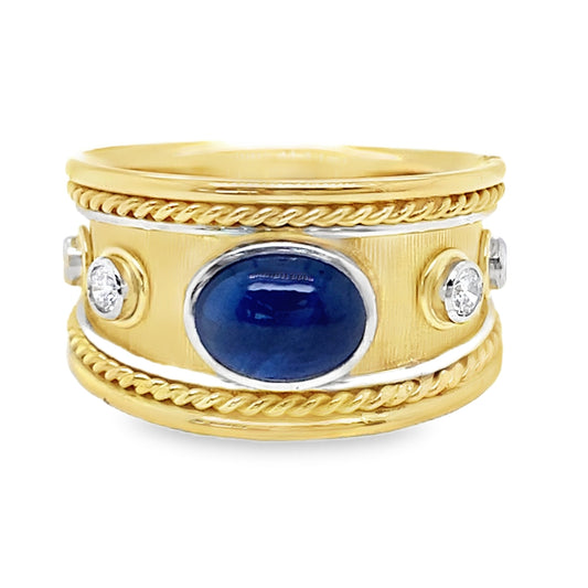 Bezel Cabochon Sapphire & Diamond Wide Ring