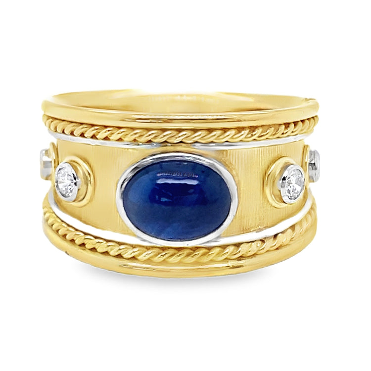 Bezel Cabochon Sapphire & Diamond Wide Ring