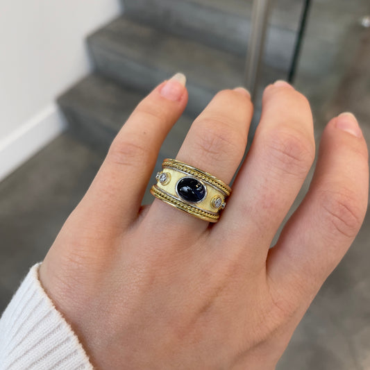 Bezel Cabochon Sapphire & Diamond Wide Ring