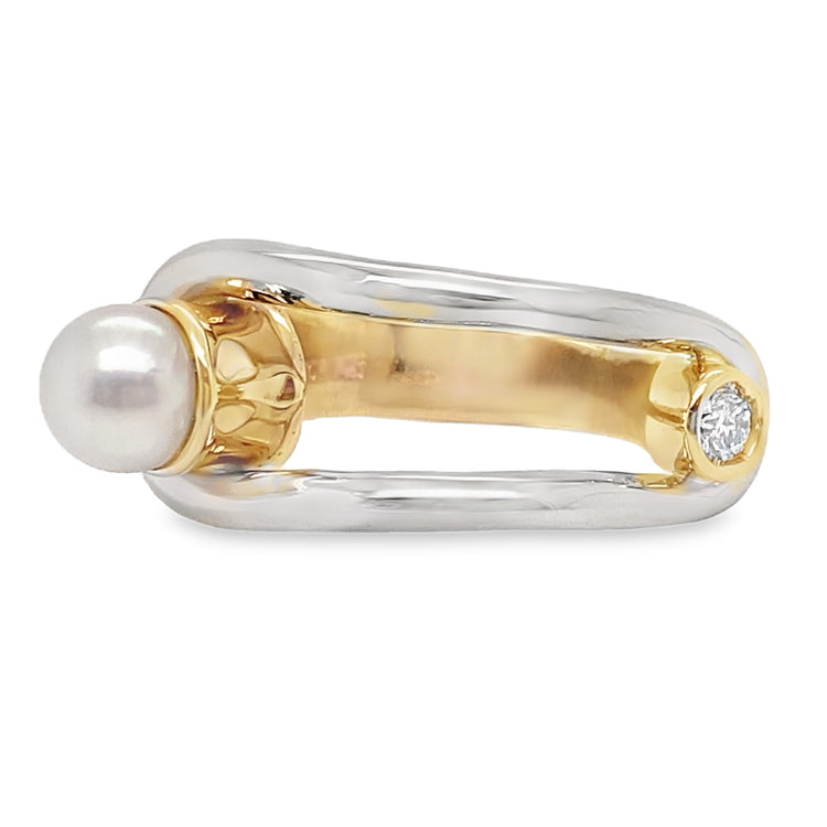 Two Tone Pearl Ring with Diamond Bezel Accent