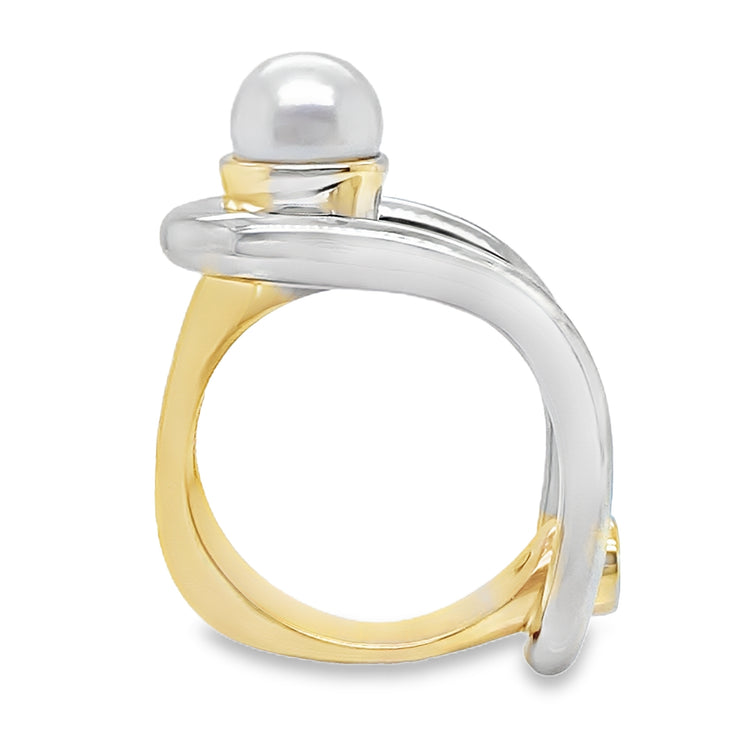 Two Tone Pearl Ring with Diamond Bezel Accent