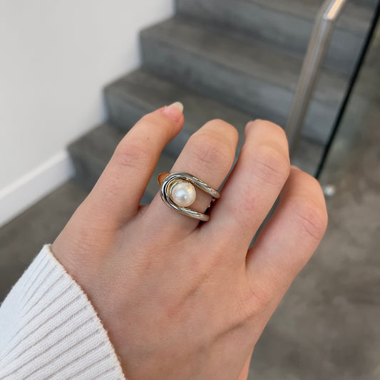 Two Tone Pearl Ring with Diamond Bezel Accent
