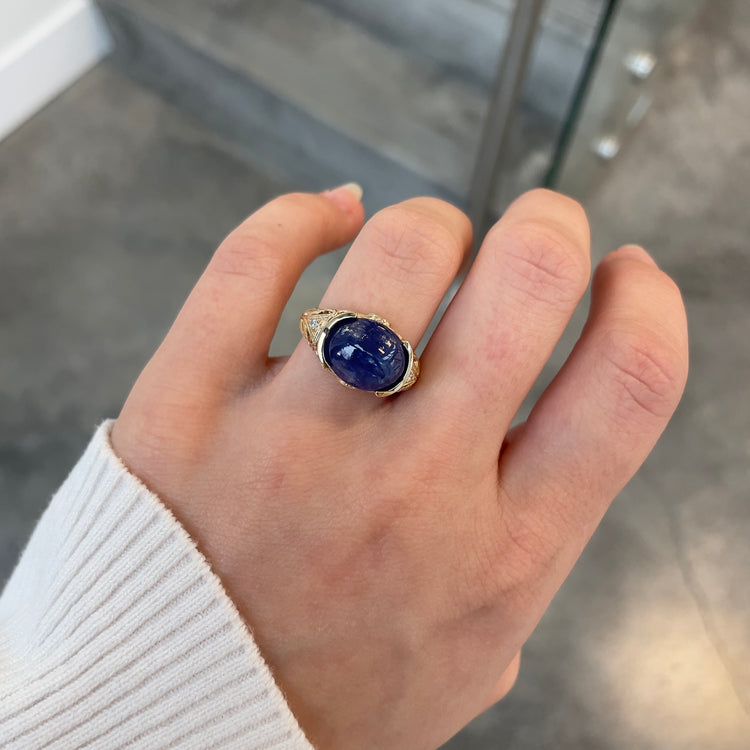 Cabochon Iolite Filigree Ring with Peridot Accents