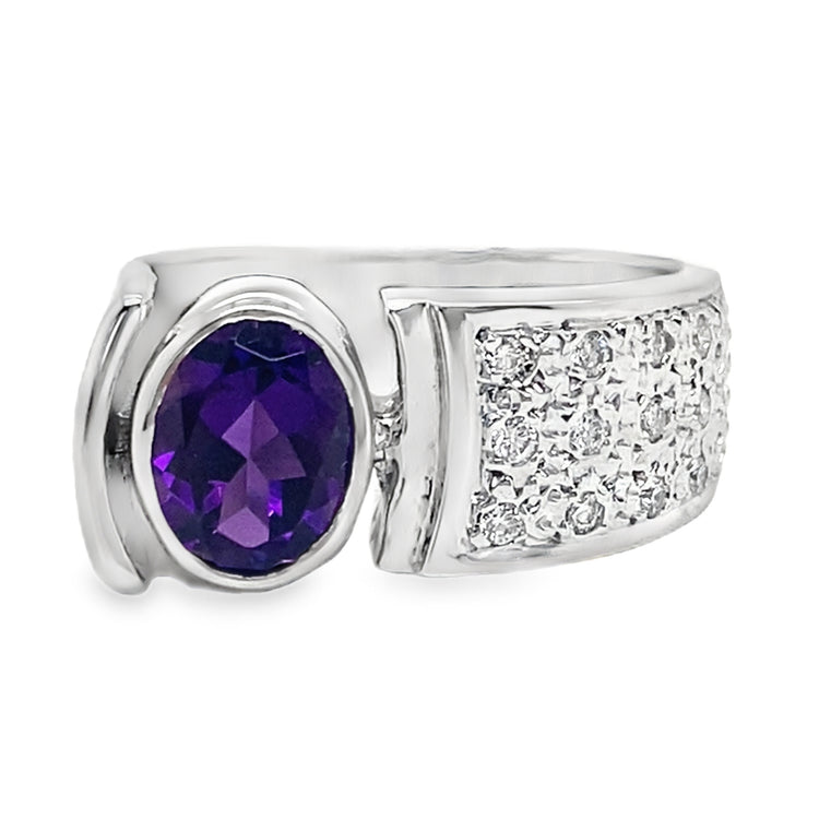 Bezel Amethyst & Pave Diamond Ring