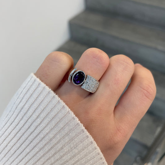 Bezel Amethyst & Pave Diamond Ring