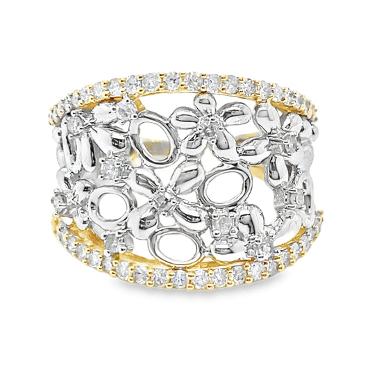Two Tone Wide Floral Diamond Band