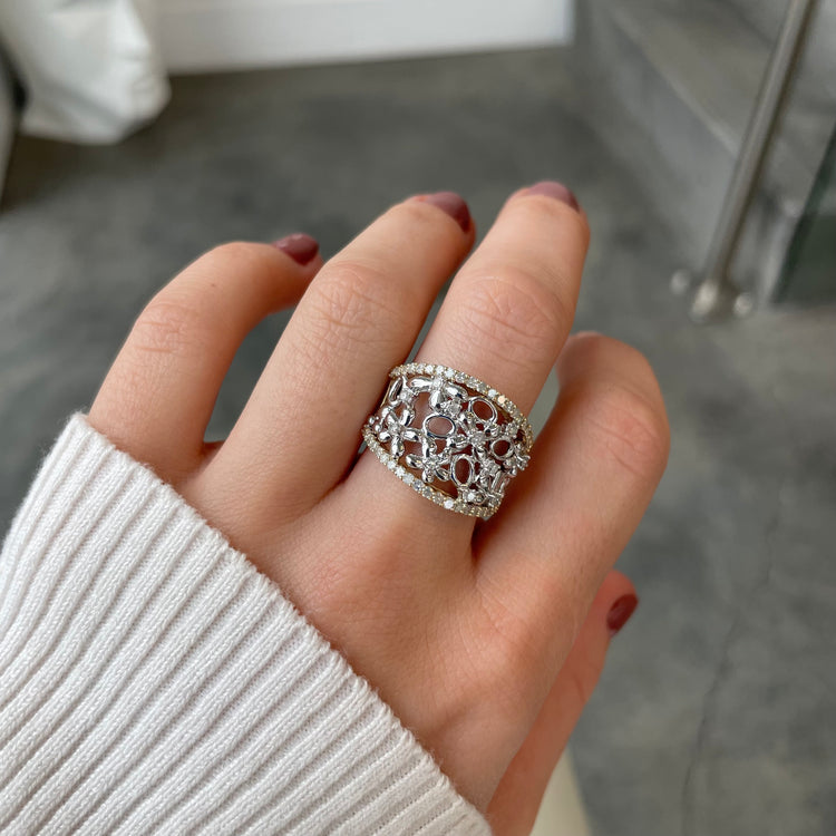 Two Tone Wide Floral Diamond Band