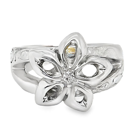 Diamond Flower Ring with Engraved Split Shank Band