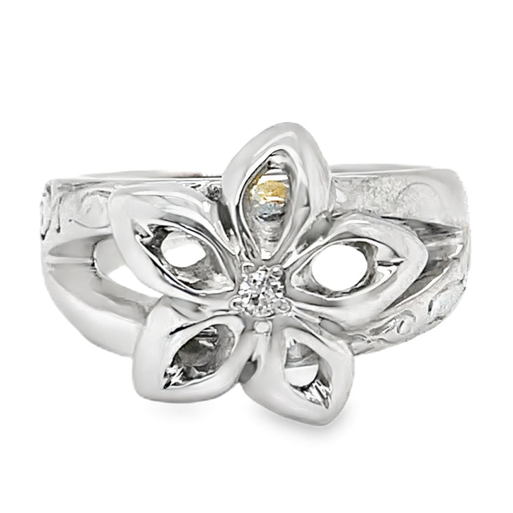Diamond Flower Ring with Engraved Split Shank Band