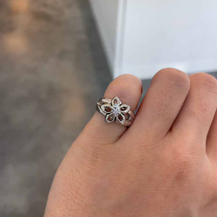 Diamond Flower Ring with Engraved Split Shank Band