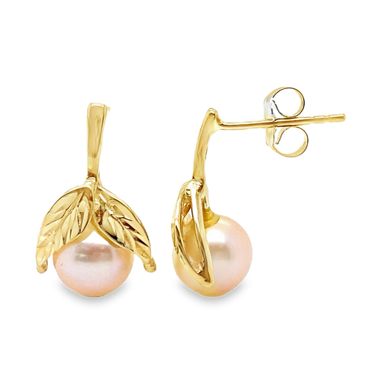 Light Pink Pearl with Leaf Accent Earrings