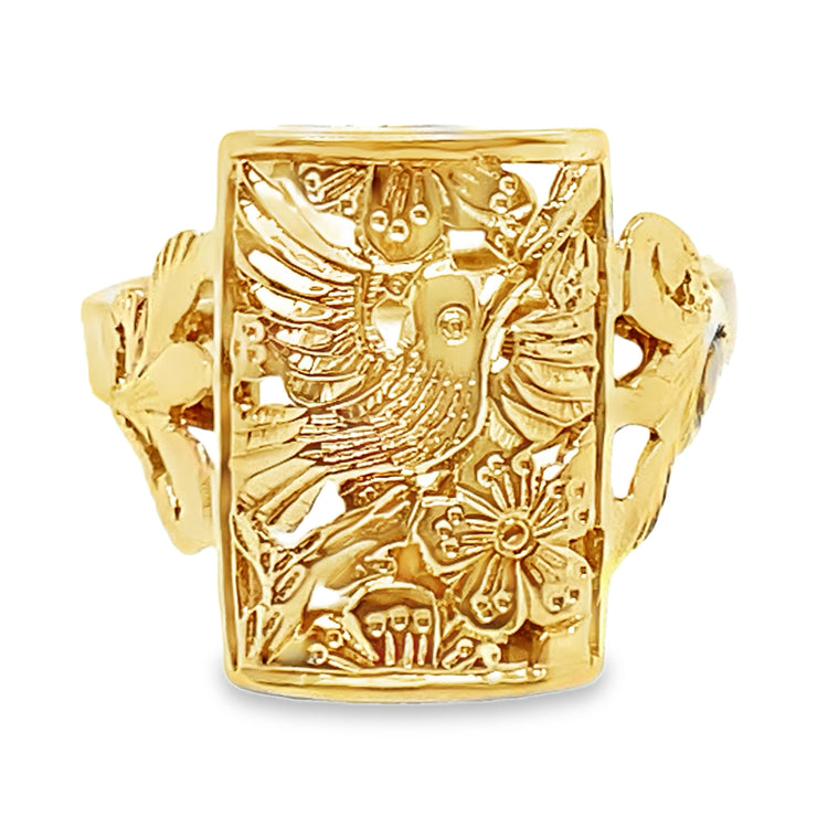 Carved Rectangular Hummingbird & Flower Ring