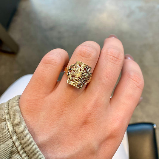 Carved Rectangular Hummingbird & Flower Ring