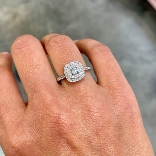 Double Halo Diamond Ring with Rose Gold Detail