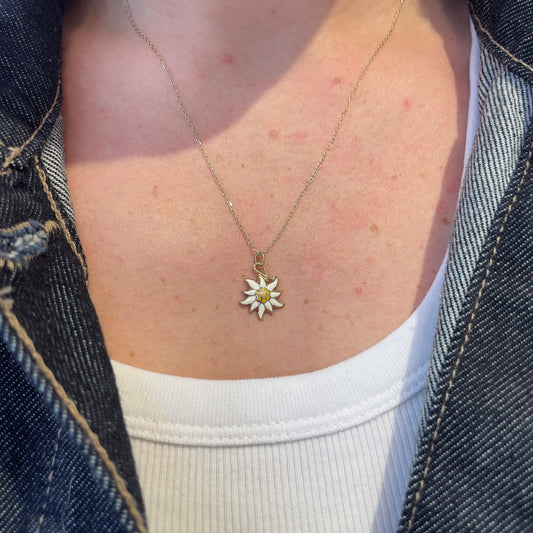 14K Gold Enamel Flower Necklace