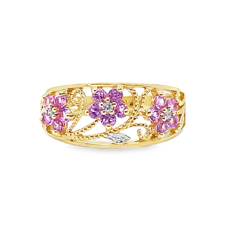 Pink Sapphire & Diamond Filigree Floral Ring