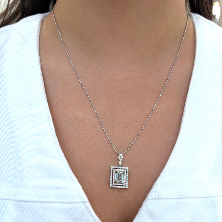 Emerald Cut Aquamarine & Diamond Necklace