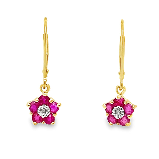 Ruby & Diamond Cluster Flower Earrings