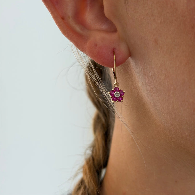 Ruby & Diamond Cluster Flower Earrings