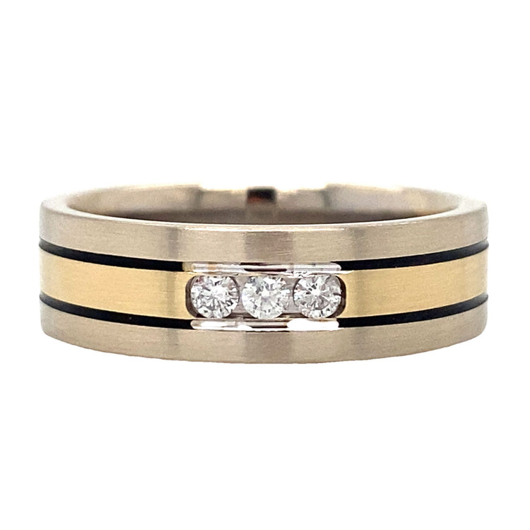 Brushed Two Tone Diamond Band with Black Accents