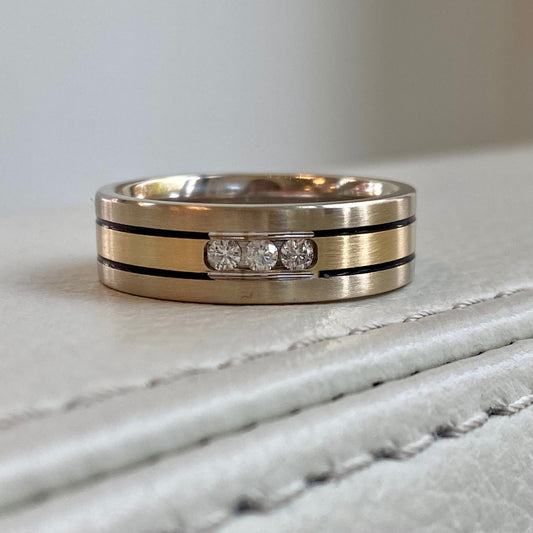Brushed Two Tone Diamond Band with Black Accents