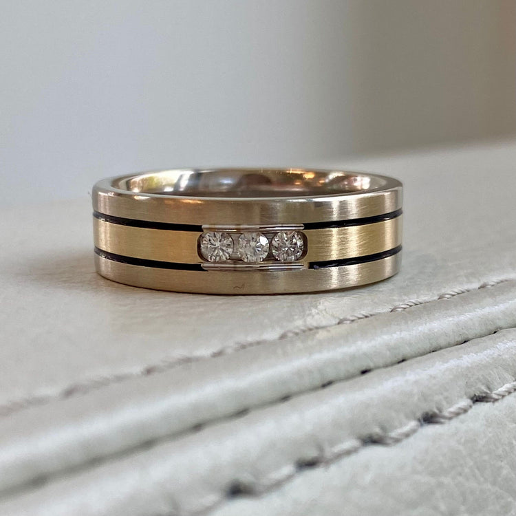 Brushed Two Tone Diamond Band with Black Accents