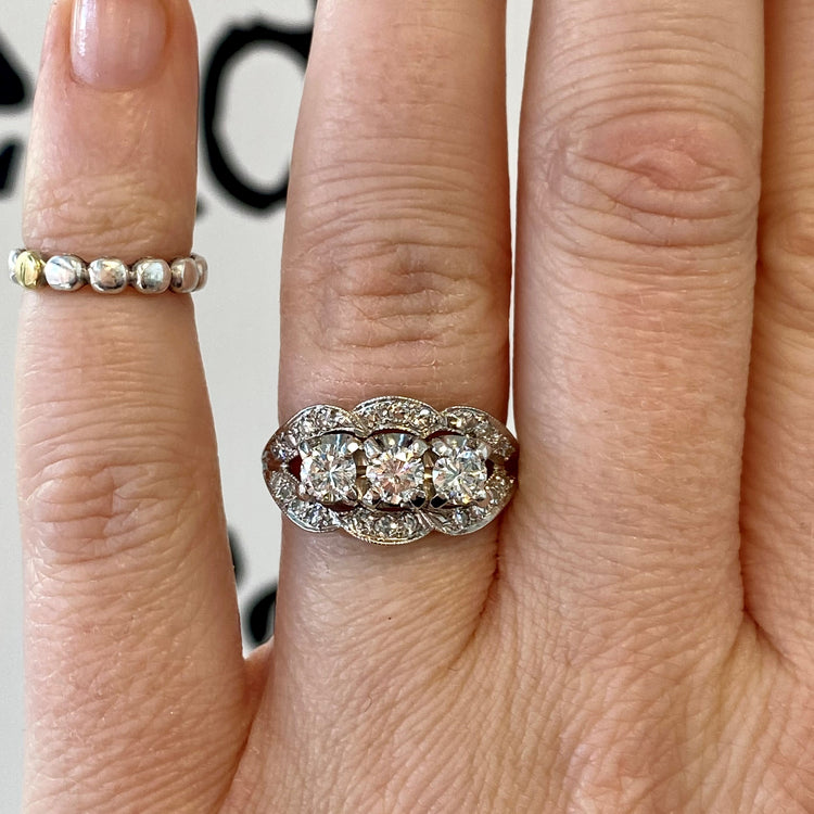 Three Stone Diamond Halo Ring