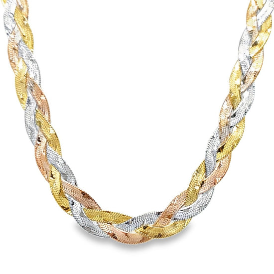 Macy's Tri-color Braided Herringbone Statement Necklace In 10k Gold, White  Gold & Rose Gold in Metallic | Lyst