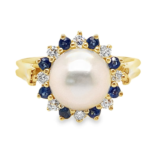 Pearl Ring with Diamond & Sapphire Halo