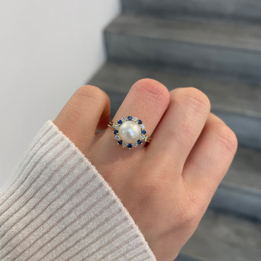Pearl Ring with Diamond & Sapphire Halo