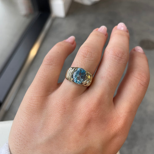 Oval Blue Topaz Ring with Scalloped Sides