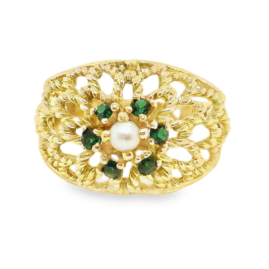 Domed Lattice Pearl & Green Tourmaline Ring