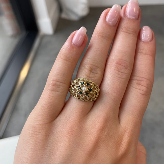 Domed Lattice Pearl & Green Tourmaline Ring