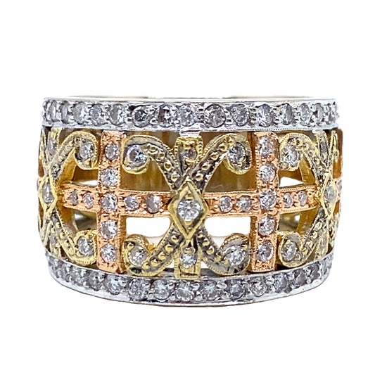 Wide Tri Gold Statement Diamond Ring