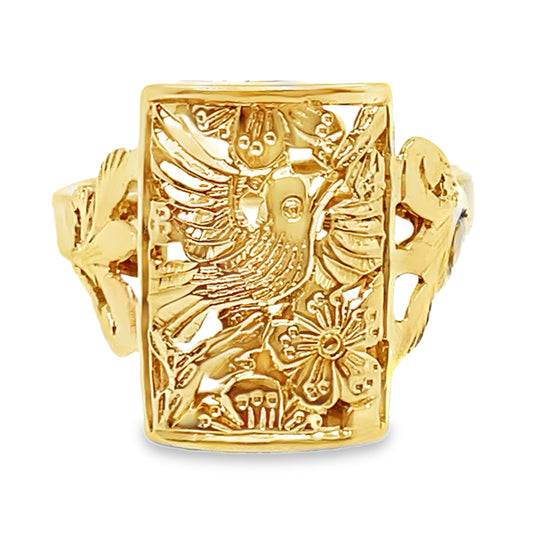 Carved Rectangular Hummingbird & Flower Ring