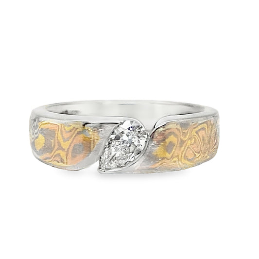 Mokume Gane Pear Diamond Ring