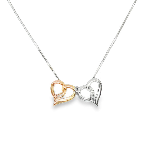 Two Tone Diamond Double Heart Necklace