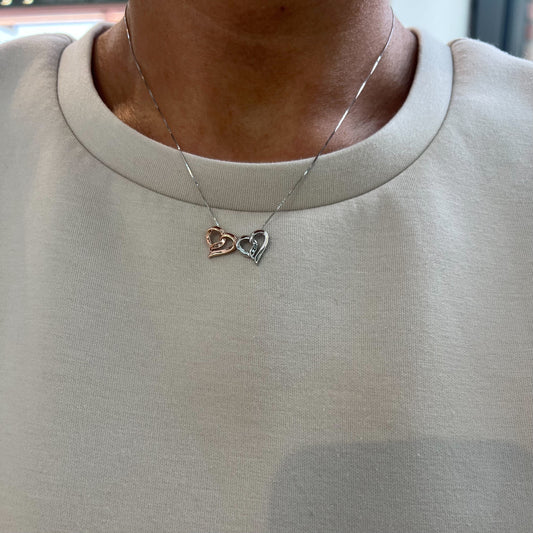 Two Tone Diamond Double Heart Necklace