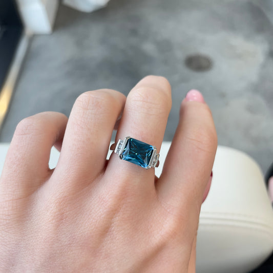 East West Blue Topaz & Diamond Ring