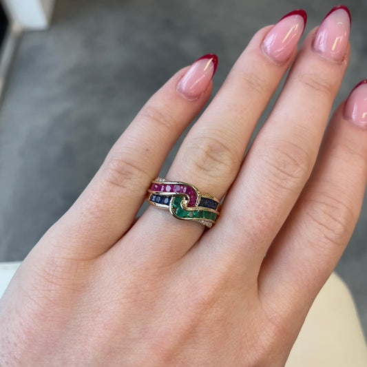 Ruby, Emerald & Sapphire Twist Ring