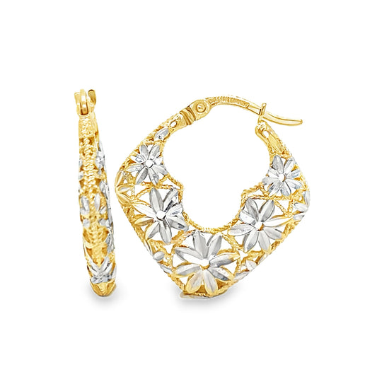 Two Tone Diamond Cut Floral Earrings