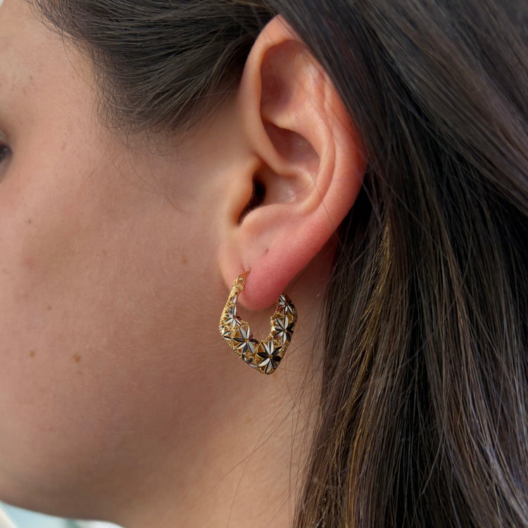Two Tone Diamond Cut Floral Earrings