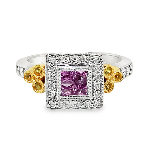 Two Tone Square Halo Diamond & Sapphire Ring