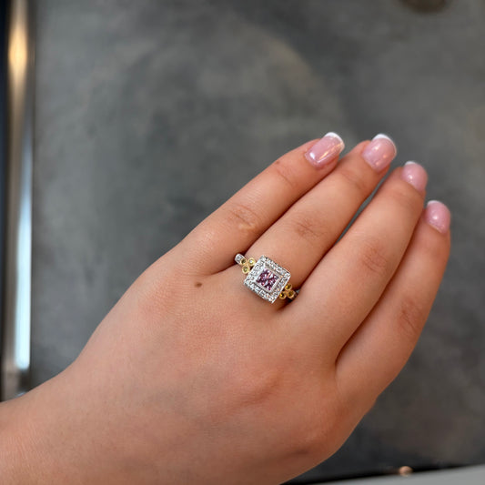 Two Tone Square Halo Diamond & Sapphire Ring